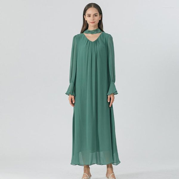 Sıradan Elbiseler Grey-Yeşil Çift Katman Georgette İpek V-Bezek Alevlendi Uzun Kollu Kadınlar Halterneck Gevşek Elbise Sonbahar AE1706
