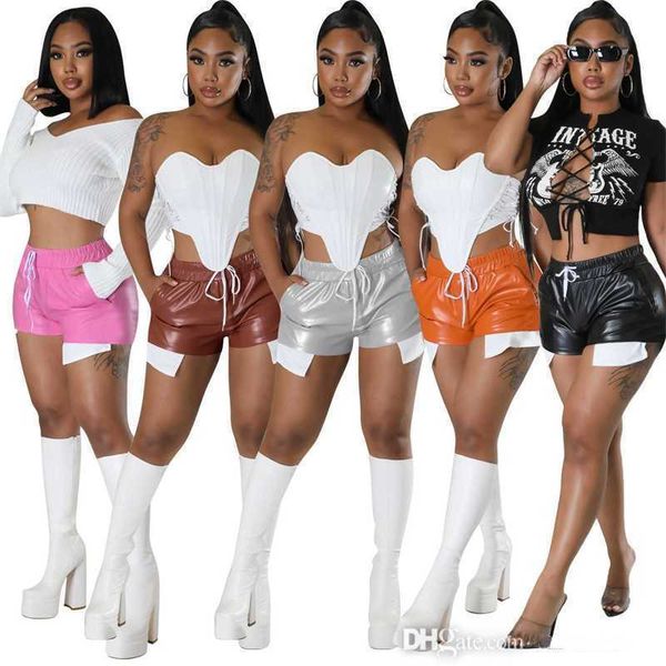 2023 Estilista Feminino Shorts de Couro PU com Alça Moda Bolsa Cintura Alta com Renda Meia-calça Casual Calça Curta