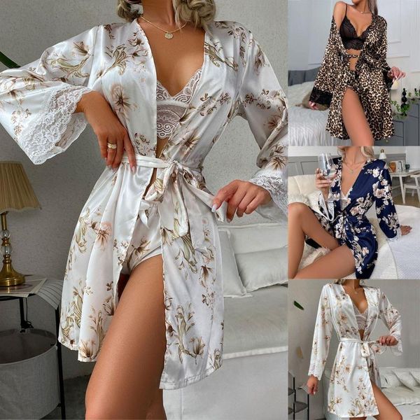 Moda -sono feminina 1pcs moda leopardo floral cetim de cetim Restas de renda de noiva Silky Long Robe Bathrown Pijamas