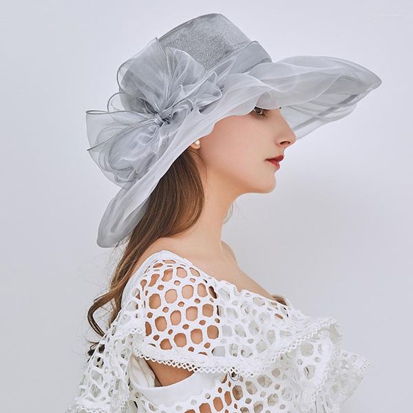 Copricapo Cappelli da sposa vintage rosa blu Accessori Fascinatori per la protezione solare pieghevole Elegante cappello formale a tesa larga grande