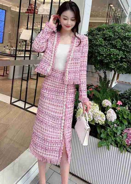 Abito a due pezzi Designer Women's Sets2022 New Autunno Inverno -piece Fashion Pearl Tweed Jacket Skirt Womens Sexy Suit Casual Spring Women T0E5