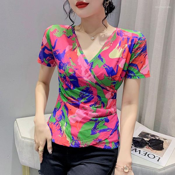 T-shirt da donna 2023 Abiti estivi coreani T-shirt Chic Sexy scollo a V Croce Color Blocking Stampa Top da donna Manica corta All Match Tees 32188