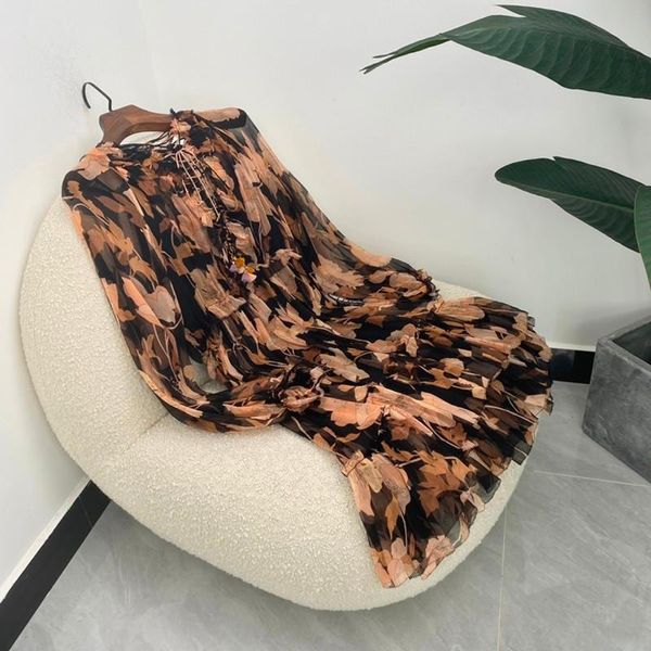 Lässige Kleider Sommer Top Qualität Orange Rosa Blumen Druck Crinkle Seide Rüschen Rüschen Falten Elegantes schwarzes wogendes Minikleid WomanCasual