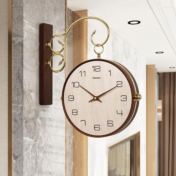 Relógios de parede relógio redondo de madeira de dupla face moderna cozinha horloge murale moderna sala decorarion
