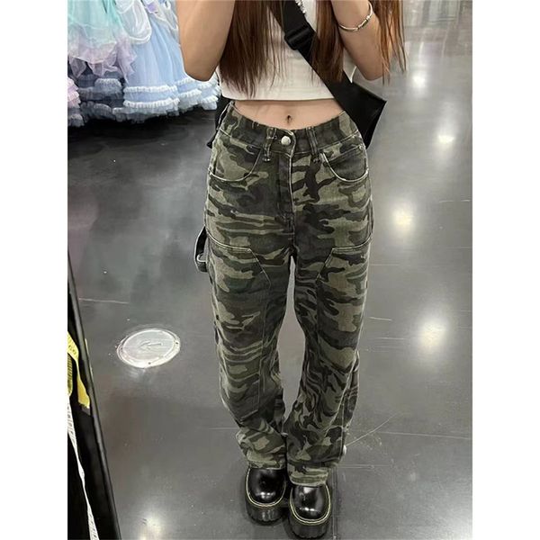 Calça de jeans feminina calça de camuflagem de calças de combate militares de combate verdes calças de jeans largas calças táticas camuflando calças de carga de massa Mulheres 230306