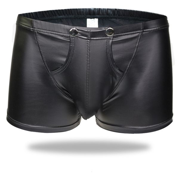 Slip Mutandine Boxer da uomo sexy con apertura sul cavallo Lingerie in ecopelle Stage U Custodia convessa Pantaloncini in vernice nera Intimo 230307