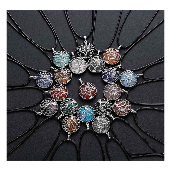 Colares de pingentes de pingente Sterling Sier Owl Tree of Life Colar Gemstone com pedras redondas de corrente de corrente de 18 polegadas para mulheres e homens caem d dhist