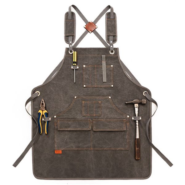 Grembiuli Beni durevoli Grembiule da lavoro in tela unisex resistente con tasche per attrezzi Cinghie incrociate sul retro regolabili per la lavorazione del legno Pittura 230307