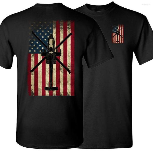 Camisetas masculinas Retro Design American Flag AH-64 Apache Helicopter GunShips T-shirt. Algodão de verão de algodão curto-pescoço o-pescoço de camisa S-3xl