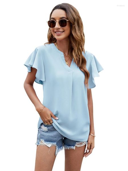 Kadın bluzları yaz katı kadınlar için 2023 moda v boyun kısa kollu ofis zarif bayanlar gömlek gündelik şifon bluz üstleri