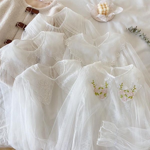 Damenblusen, Feen-Mesh-Shirt, süße Mädchen, gekräuseltes Puppenkragen-weißes Tüll-Top, 2023, lockere, dünne Sommer-Langarmbluse, transparente Damenbluse