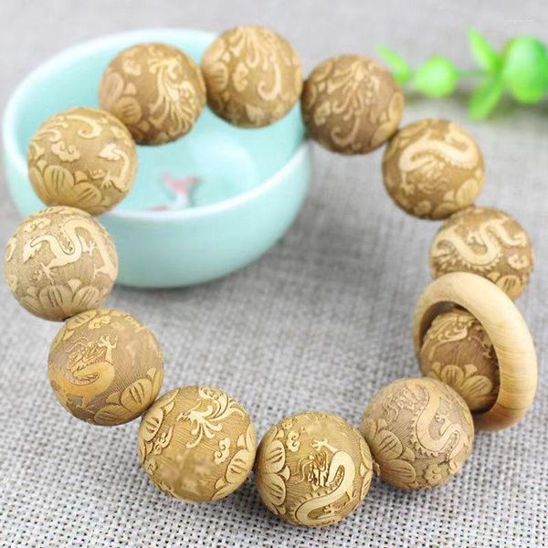 Strand Men's Luxury Wooden Bead Bracelet Cord Dragon esculpido Dragão e Phoenix Jewelry Feminino Feminino