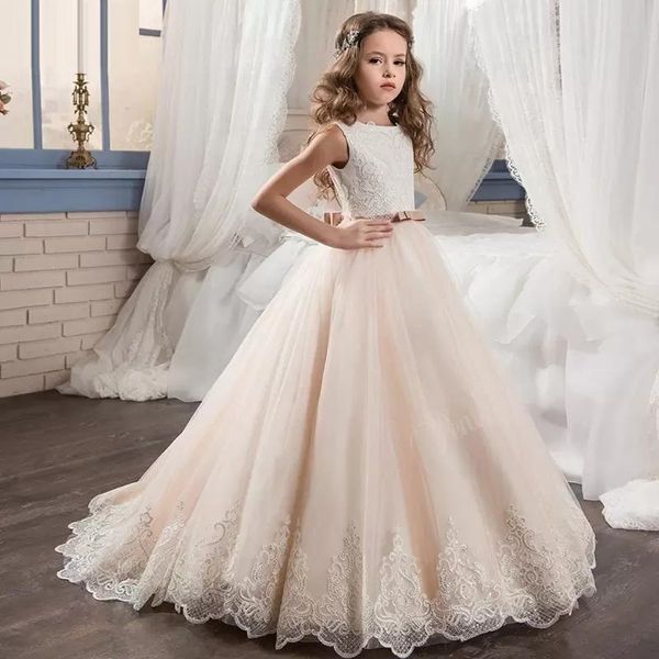 Blumenmädchenkleider für Hochzeiten, Roségold, mit Pailletten, Spitze, Pailletten, Schleife, offener Rücken, ärmellos, Mädchen-Festzug-Kleid, Kinder-Kommunion-Kleider