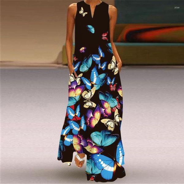 Lässige Kleider 2023 Mode Blumendruck Blaues Kleid Sommer Strand Vintage Lange Frau Ärmellos Bequem Maxi