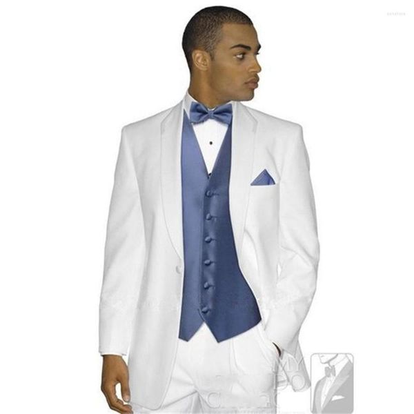 Abiti da uomo Cappotto bianco Gilet blu Pantaloni blazer su misura Set da uomo da sposa Pantaloni da giacca 3 pezzi Abbigliamento aderente Abiti da festa Smoking