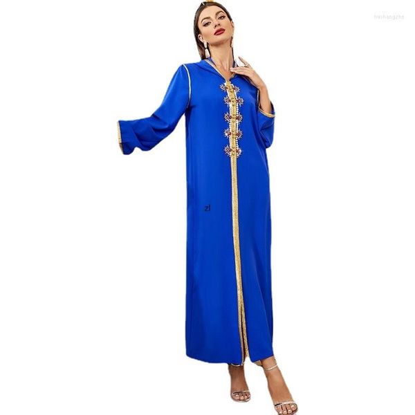 Freizeitkleider Königsblaues Maxikleid mit Kapuze für Frauen Luxus-Strasssteine Goldgewebe Patchwork Dubai Abaya Marokkanischer Kaftan Arabische Kleidung