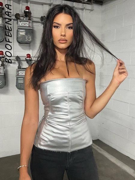 Canotte da donna Camis BOOFEENAA Y2k Street Style Metallic Silver Busiter Tube Top Abiti sexy Donna che esce Backless Top senza spalline Clubwear C85CZ1 230307