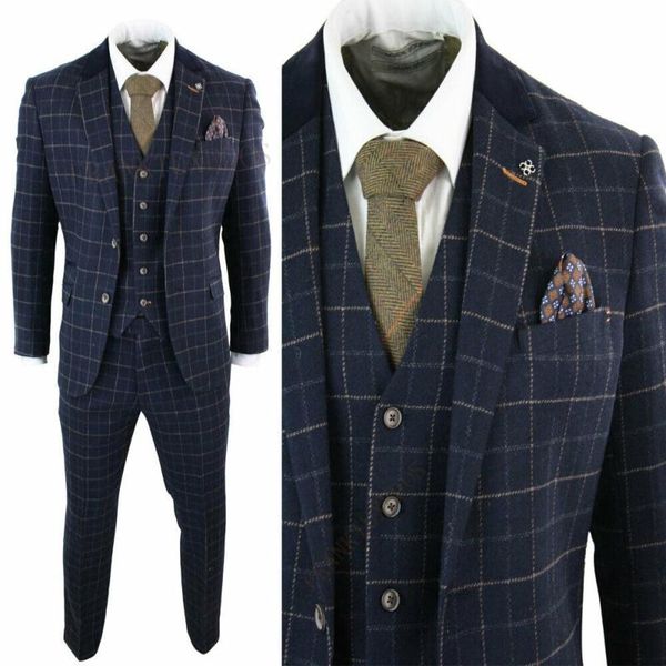 Abiti da uomo Blazer Smoking da uomo bello per matrimonio Tre pezzi Blu navy Glen Plaid Sposo da sposa Groomsmen su misura