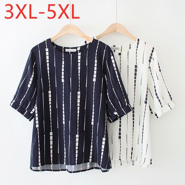 Damen T-Shirts 2023 Damen Sommer Plus Size Tops für Frauen Große Kurzarm Lose Baumwolle Blau Weiß Streifen O-Ausschnitt 3XL 4XL 5XL