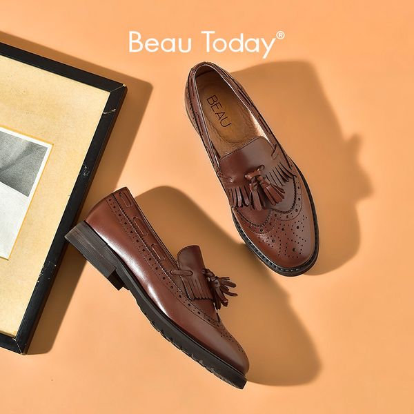 Elbise Ayakkabı Beautoday Sıradan Loafer Buzağı Deri Broular Kanat Çıkımı Tassel Saçak Toe Toe Slipon Lady Flats El Yapımı A210 230307