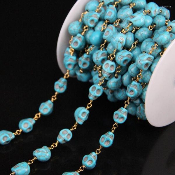 Catene 5 metri / lotto 8x10mm Dimensioni teschio blu turchesi catena del rosario fascino piatto d'oro filo avvolto maglione da donna