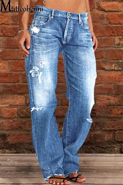 Frauen Plus Größe Hosen Mode Stretch Mittlere Taille Gerade Jean Casual Nähte Denim Weibliche Waschbare Gebrochene Löcher Hosen Streetwear 230306