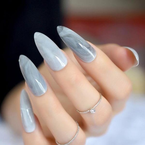 Falsche Nägel 24 stücke Grau Marmor UV Gel Nagel Lange Scharfe Stiletto Acryl Gefälschte Elegante Dame Volle Abdeckung Maniküre Produkt Z883