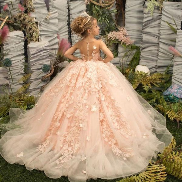 Abiti da ragazza Abito da ballo rosa pesca Fiore per applicazioni di tulle da sposa Abito da principessa adorabile 2023 Prima comunione per bambini