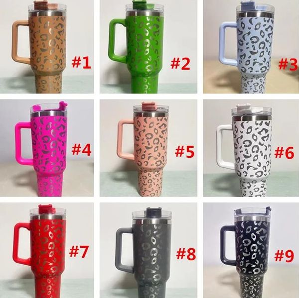 Tumbler de 40 onças de leopardo com maçaneta e palha reutilizável xícara de café com aço inoxidável Tumbler de grande capacidade Copo de garrafa de água 0307