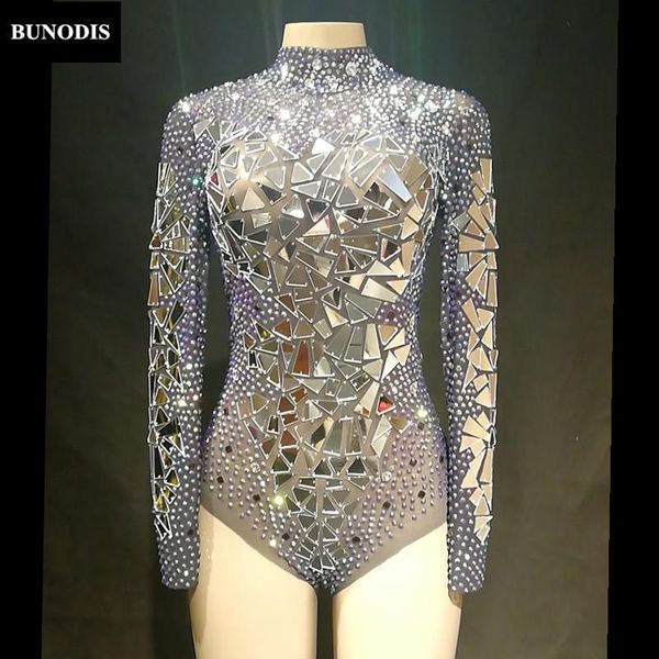 Macacões femininos macacões Mulheres Sexy Bodysuit Full Sparkle Cristals Pequenos espelhos pequenos macacão