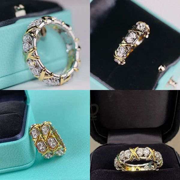 Klasik Vintage Luxury Ring Band Schlumbergers Marka Tasarımcısı 925 STERLING Gümüş Çapraz Pençe Kristal Parmak Kümesi Kadınlar İçin Düğün Moda Takı T Kalp Yüzükleri