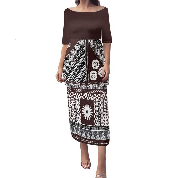 Röcke Samoan Puletasi Polynesische Stammeskleidung Braun Weiß Fidschi-Tongan Blumendruck Maßgeschneiderte Kleidersets Damen Zweiteiler Schulterfrei 230306