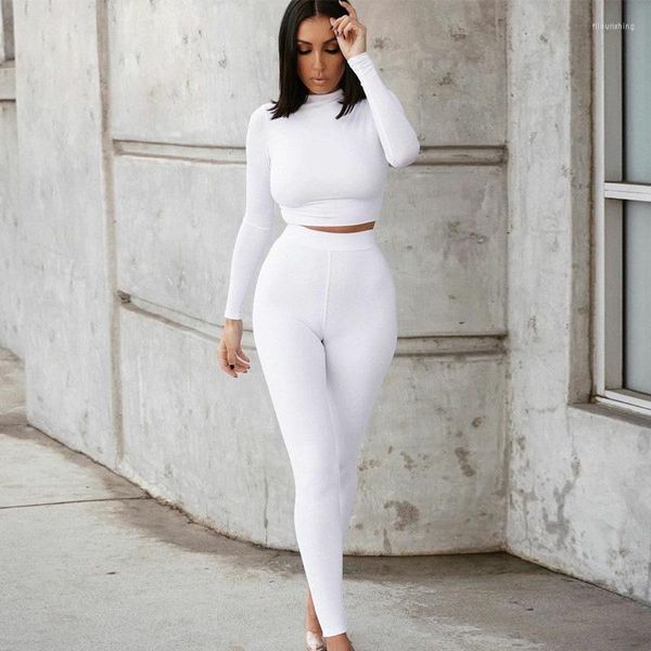 T-shirt da donna FTS Autunno elegante bianco Set da 2 pezzi Manica lunga da donna Collo alto Corto Slim Top Vita Hip Wrap Pantaloni da yoga Donna