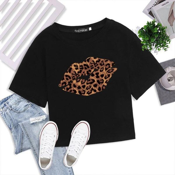 Женские футболки T-рубашки Lips Leopard Print Женская футболка с коротким рукавом мода пупочная футболка