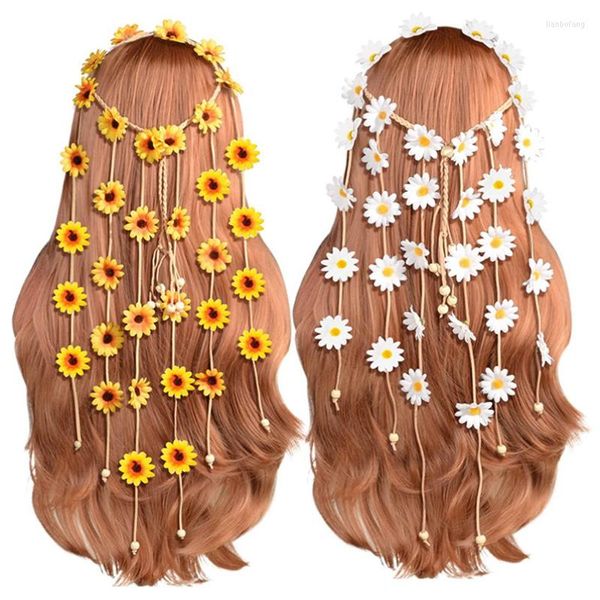 Estatuetas decorativas 2pcs Flores hippie da cabeça da cabeça Floral Crown Summer Sunflower Hair Acessórios para trajes Bohemian de 70 s estilo