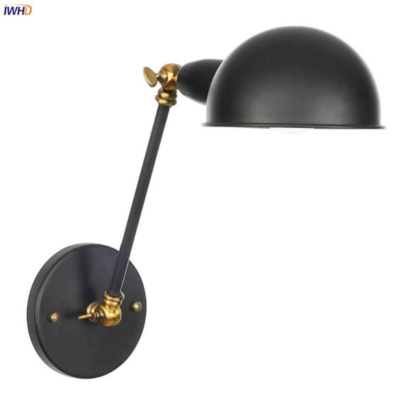 Lampada da parete IWHD Single Swing Long Arm Light Camera da letto Cafe Stair Black Retro Loft Industrial Vintage LED Applique Murale