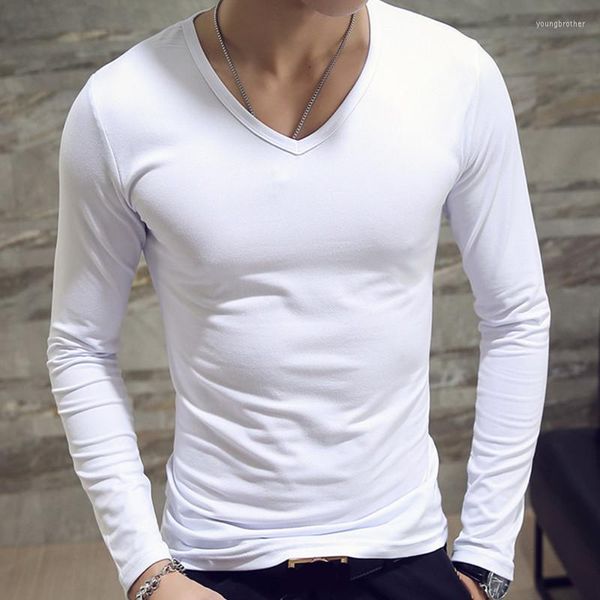 Camisetas masculinas Branco Basic Slim Men T-shirt Spring Autumn Color Solid Bottoming Camisa redonda pescoço V Tops casuais de manga comprida