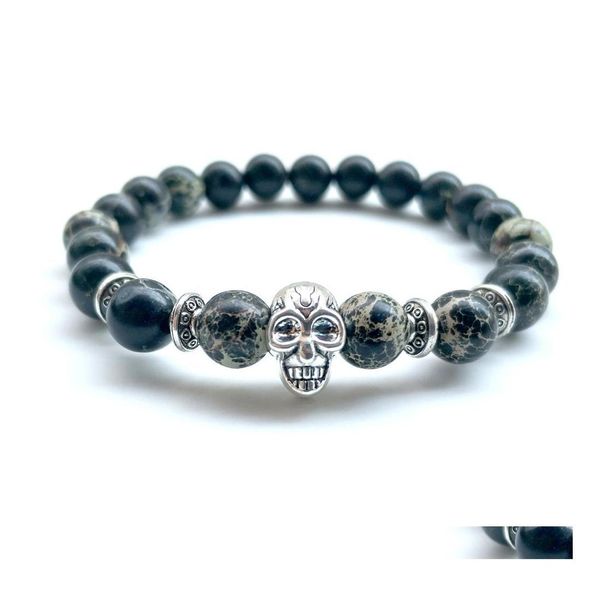 Fili di perline 10 pz/set naturale 8 mm perline di pietra braccialetto punk testa di scheletro regali per uomini donne gioielli fatti a mano consegna di goccia tutore Dhrdy