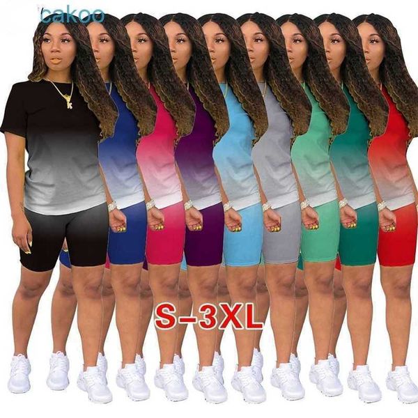 Designer de gradiente calças de 2 peças Conjunto de femininos esportes de pista de pistas casuais de manga curta de manga curta Termões de shorts de shorts plus size rougher roupas s-5xl