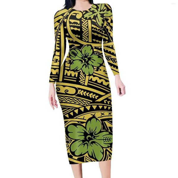 Sıradan Elbiseler Hycool Sonbahar Minimalist Yeşil Tişört Elbise Samoan Kabile Dövmeleri Baskı Kadın Polinezya Moda Sonbahar Uzun Kollu