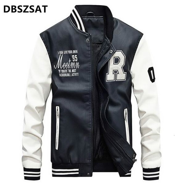 Herrenjacken Marke Stickerei Baseball Jacken Männer Stehen Moto Biker Lederjacke Männer Casual Fleece Verdicken Kunstleder Mantel M-4XL 230307