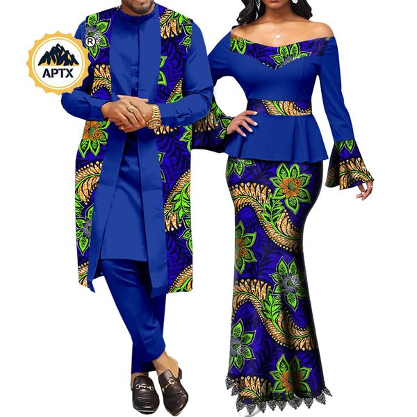 Roupas étnicas Africano Casal Roupos Mulheres impressam o decote em V Saias e saias de renda combinam com homens de roupas Dashiki Long Vest Cirlat