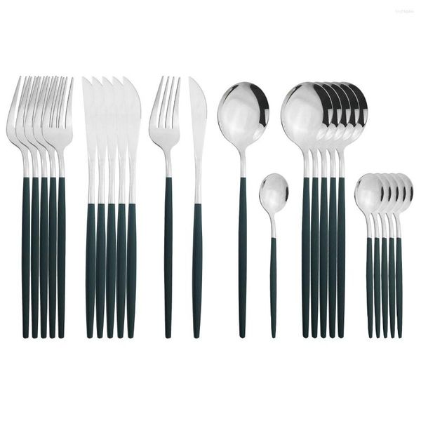 Conjuntos de utensílios de jantar 24pcs Conjunto de talheres de prata verdes de aço inoxidável garfos de capa de capa de capa de talheres de cozinha de cozinha