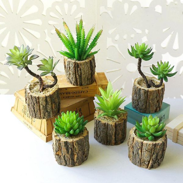 Fiori decorativi Piante succulente artificiali Bonsai verde falso con vaso grasso finto legno per la decorazione artistica del desktop del giardino domestico