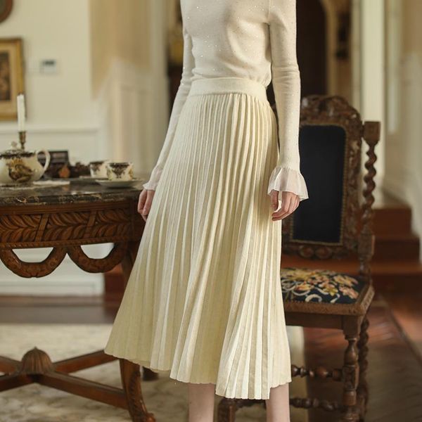 Saias outono Mulheres de inverno vintage French elegante saia plissada moda coreana doce