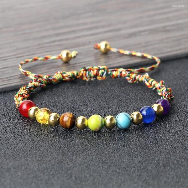 Strang 6MM 7 Chakra Heilung Nylonfaden geflochtenes Armband Kupferperlen Spacer Paar ArmbandArmreifen Kette Schmuck Geschenk für Freund