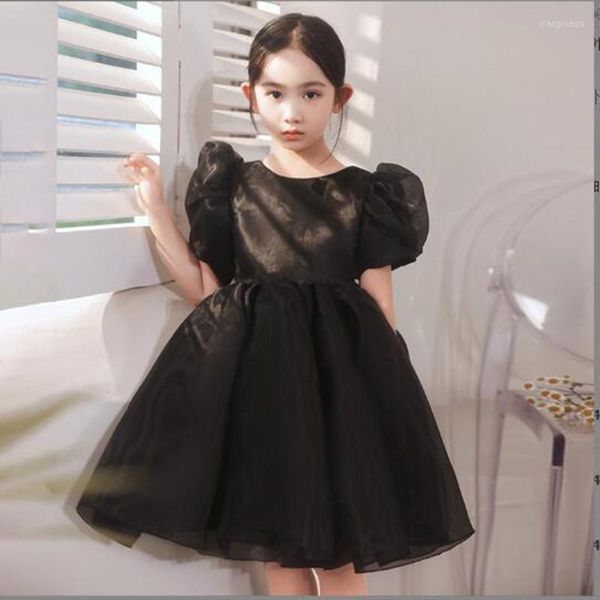 Vestidos de menina Black Luxury Flor Short Sleeve O-Gobes Vestido de Festa Formal Facial