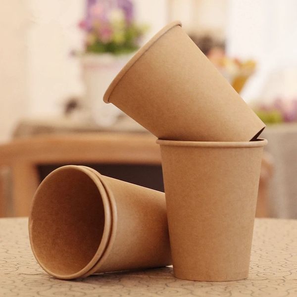 Brown Kraft descartável papel de café xícara de papel com tampa para suprimentos de festa de bebida quente