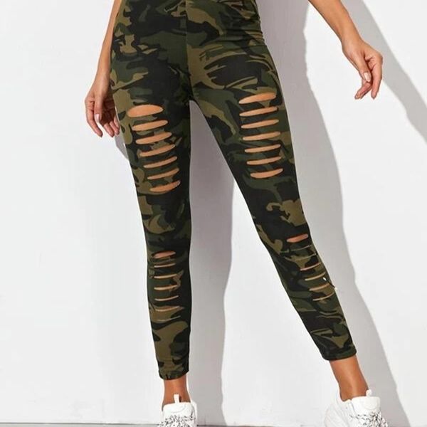 Kadın Tozluk Kamuflaj Kadınlar Yırtılmış Elastik Sıkı Moda Yüksek Bel Pantolonları Egzersiz Fitness Çalışma Spor Pantolonu Push Leggins