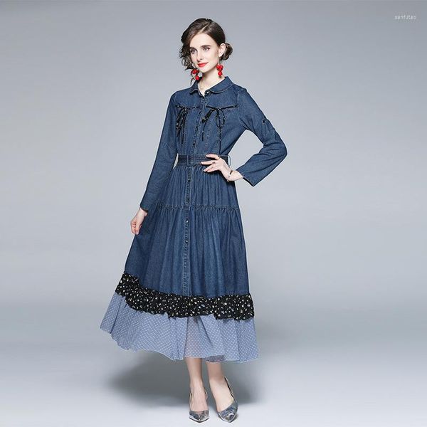 Abiti casual JSXDHK Abito da cintura in denim da donna di alta qualità Autunno Inverno Monopetto Patchwork Stampa Chiffon Ruffles Lace Up Bow Lungo